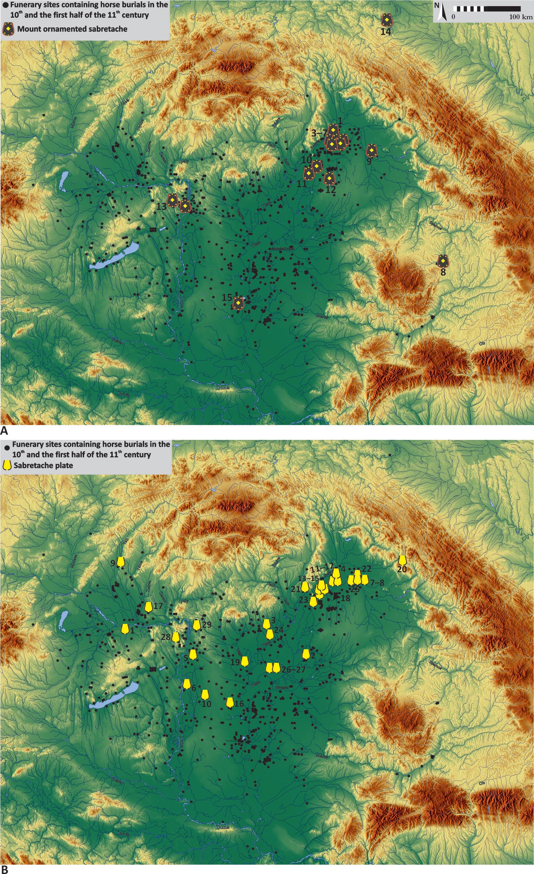 Fig. 13/A. The geographical distribution of the mount ornamented sabretaches in the Carpathian
Basin (10th century) / B. The geographical distribution of the sabretache plates in the Carpathian Basin
(10th century) (their bibliography: GÁLL/LEZSÁK 2018, 103–105: 6. List of the Sabretache Find)